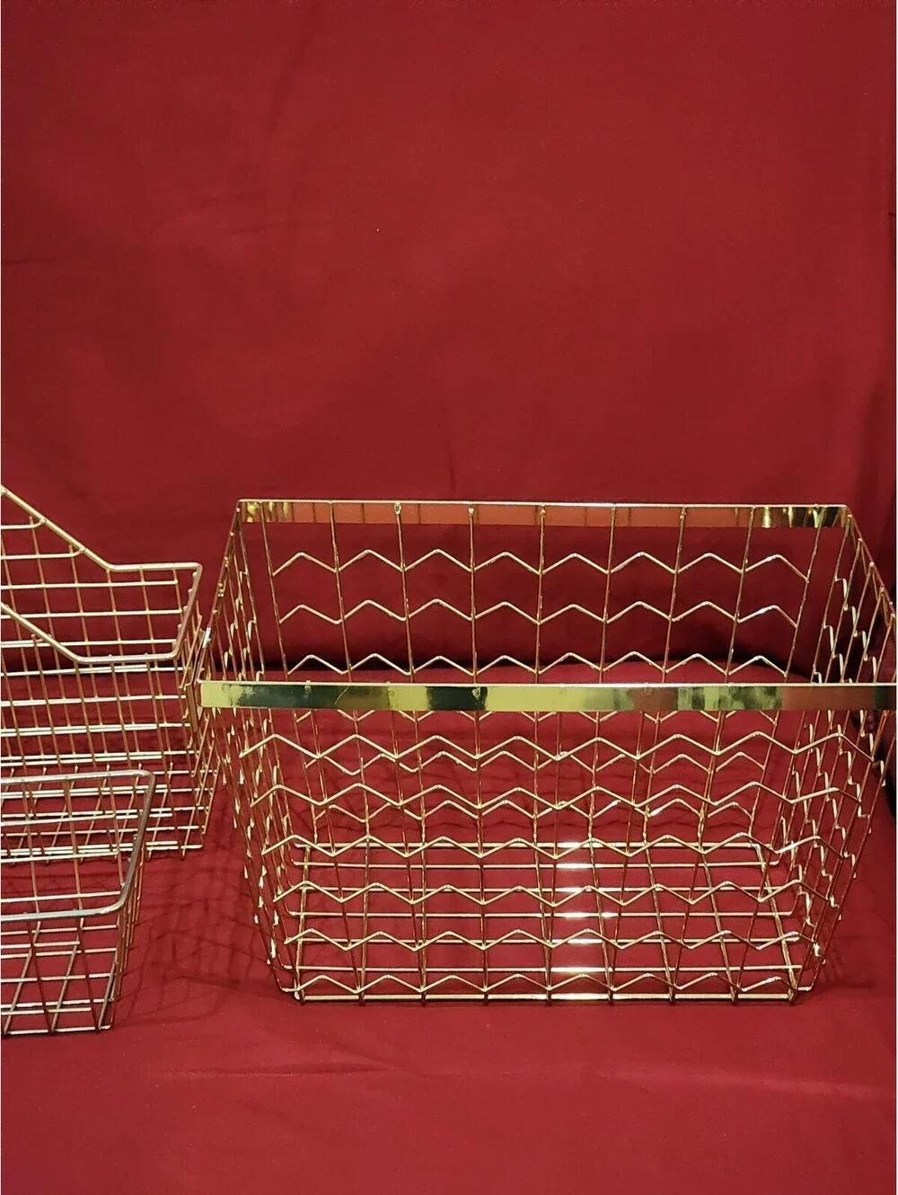 Lot of 3 Gold Tone Wire Baskets - 2 Large & 1 Small